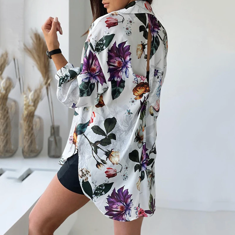 

Autumn Single Breasted Shirt Flower Print Long Sleeve Backless Shirt Women Casual Tops Ladies 2021 New Beach Vaction Elegant