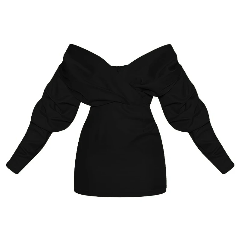 

[LIVIVIO] Elegant Women Sexy Formal Mini Dress V Neck Long Puff Sleeve Solid color Office Ladies Evening Party Prom Gown