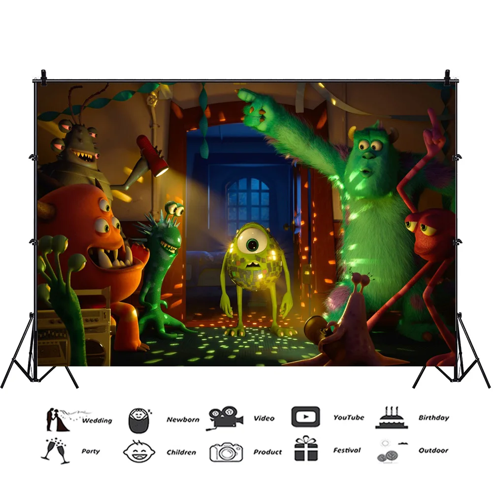 

Little Green Horned Monster Backdrop Birthday Baby Shower Root Photo Background Peculiar and Funny Vinyl Photocall Booth Props