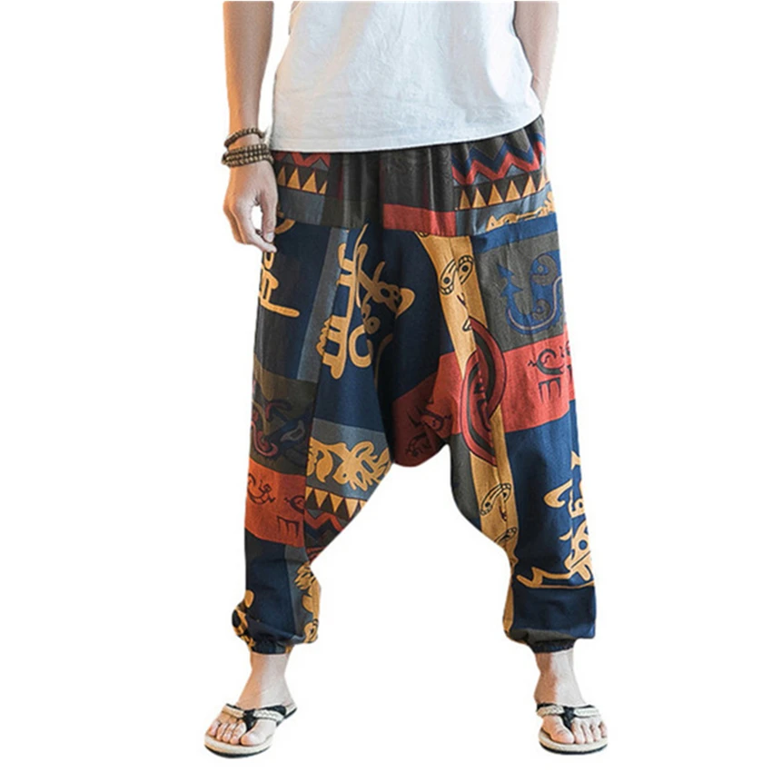 

Chinese Traditional Wide Leg Trousers Summer Plus Size Loose Linen Cotton Hanging Harem Pants Print Streetwear National Clothing