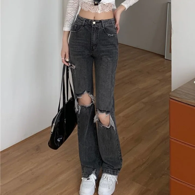 

Jeans Women Full Length High Waist Hole Stylish Streetwear Casual College Ladies Pockets Solid Summer Boyfriend All-match Ins