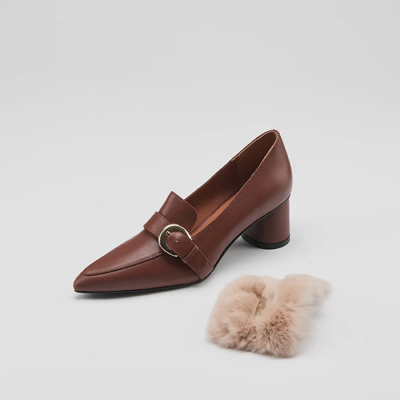 

Autumn Winter New Two-wear Furry Shoes Thick Heel Pointed Belt Buckle Single Shoes Retro All-match Temperament High Heels Women