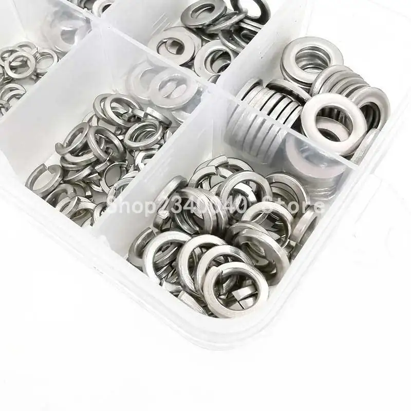 300pcs/box 304 Stainless Steel Flat Washer/Spring washer Assortment Set M2 M3 M4 M5 M6 Metal Lock Washer Abrasion Resistance |