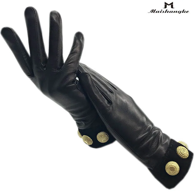 

Gloves Winter Ladies Wrist Fashion Goatskin New Gloves Black Warm Genuine Driving Leather Motorcycle Riding Points Finger Wool L