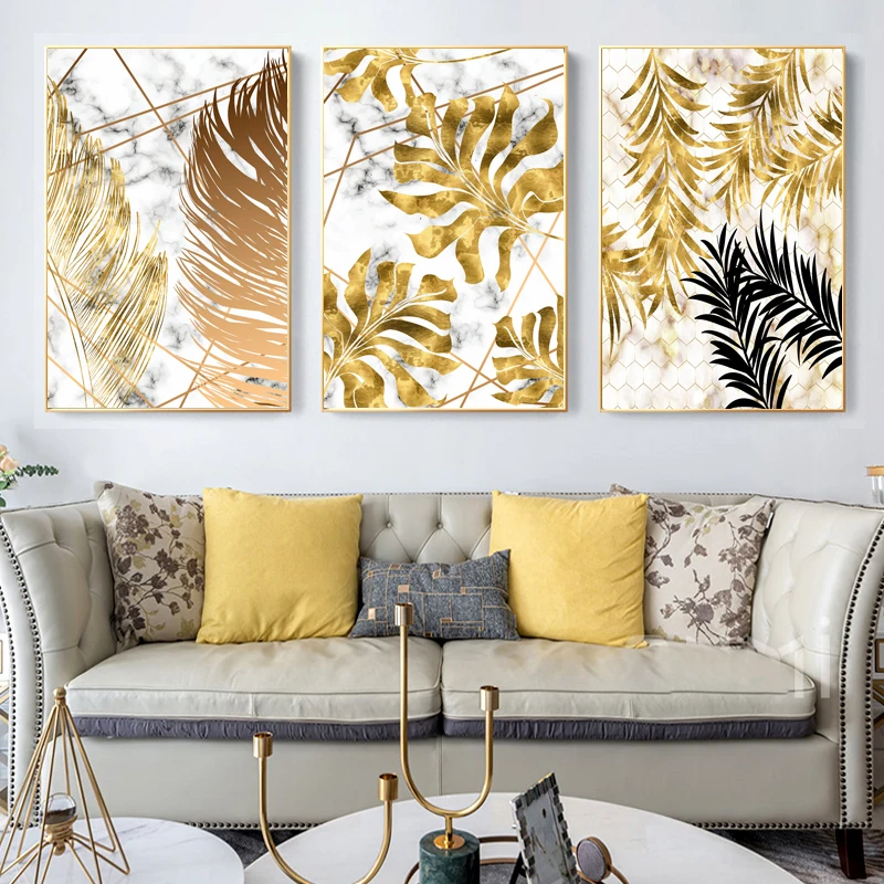 

Living Room Decoration Painting Gold Black Marble Blackground Plant Canvas Poster Leaf cuadros decor Wall Art Picture Print on