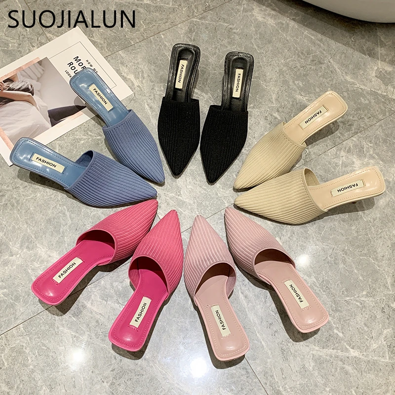 

SUOJIALUN 2020 New Elegant Women Mules Sandal Slip On Pointed Toe Knitting Slides Thin Heel Closed Toe Slipper Dress Sheos