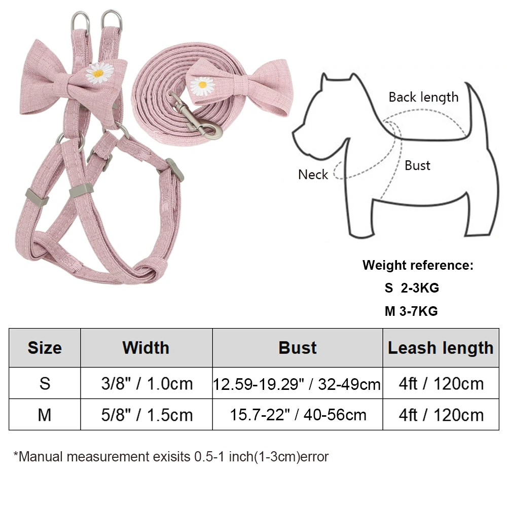 

Dog & Cat Harness Leash Adjustable Soft Embroidery Cute Bow Double Layer Dog Harness For Small Medium Pets Leashes Walking Set