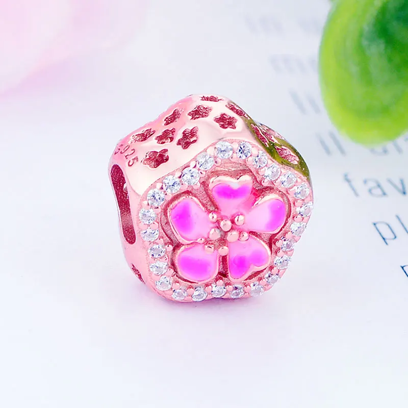 

925 Sterling Silver Rose Gold Pink Enamel Cherry Blossoms Flower Bead Fit Original Pan Charm Bracelet Making Women Berloque