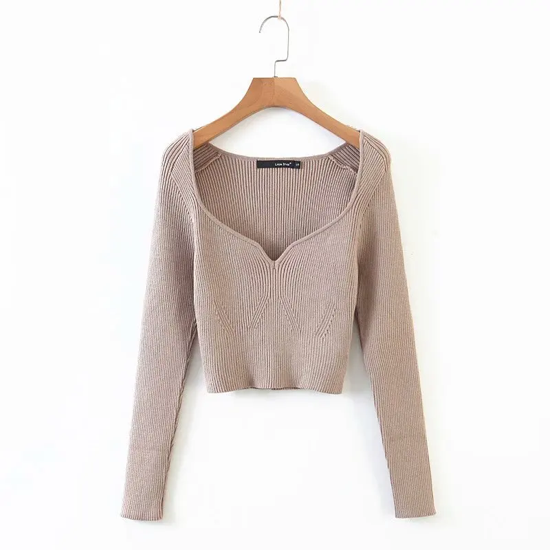 

2021 Autumn Winter Short Square Sweater Collar Thin Knitted Pullovers Loose V-Neck Long Sleeve Women New Fashion