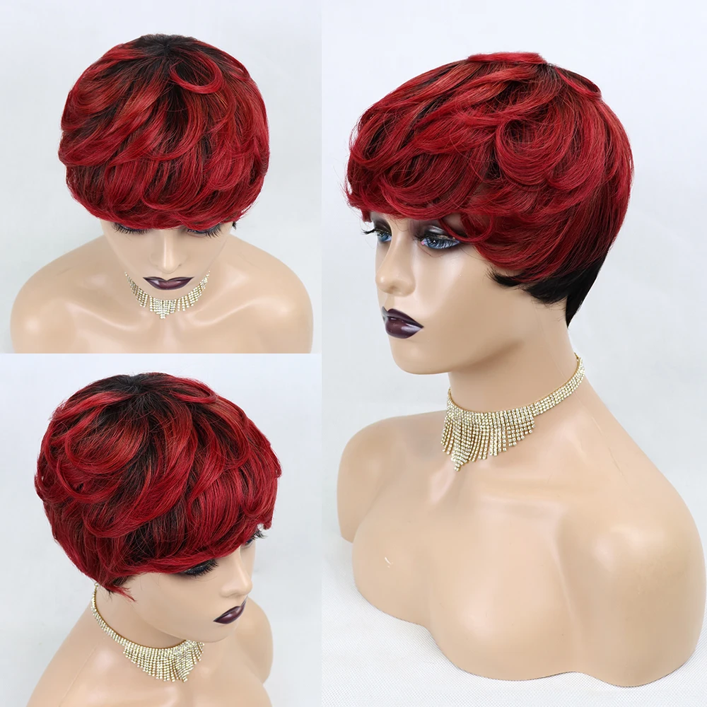 

Burgundy Short Wig Ombre Human Hair Pixie Cut Wigs For Black Women Pre Plucked Full Machine Made Bob Wig With Bangs Cheap