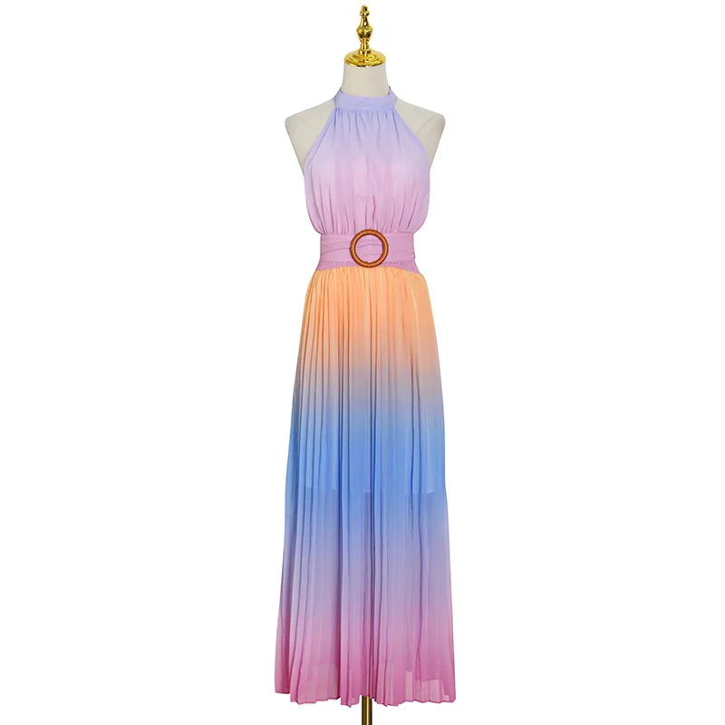 

Boho Fashion Vacation Beach Rushed Dress 2021 Summer Halter High Waist Belt Contrast-Color Chiffon Dress Women Robe Maxi Vestido