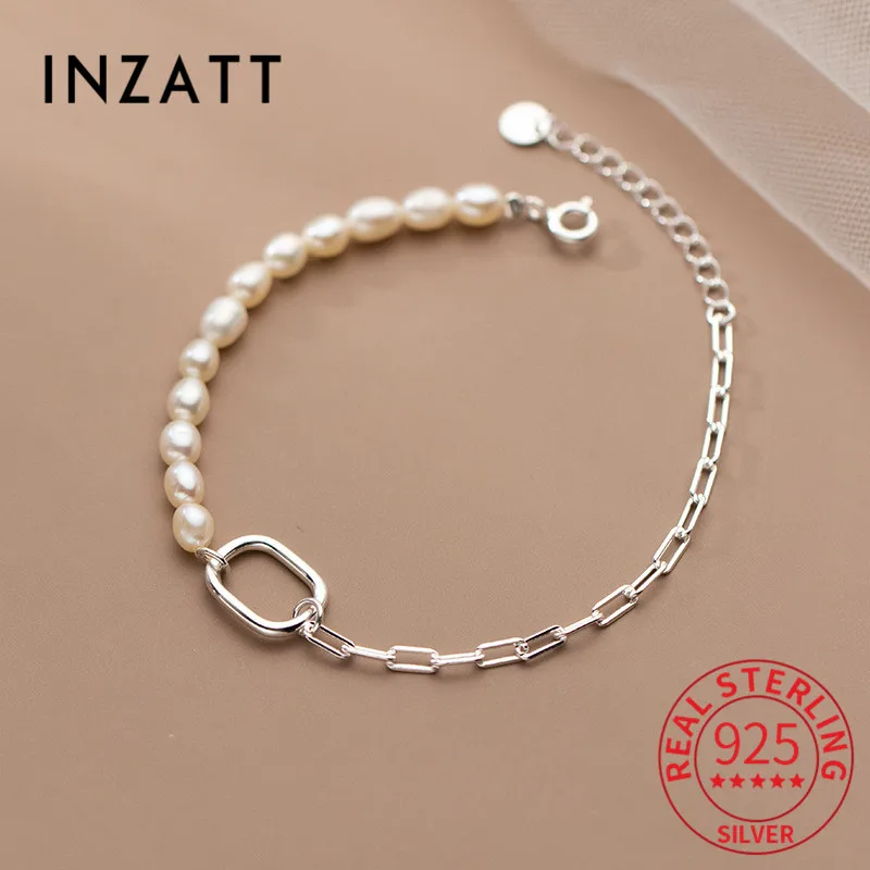 

INZATT Real 925 Sterling Silver Hollow Square Pearl Asymmetry Chain Bracelet For Women Cute Fine Jewelry Minimalist Accessories