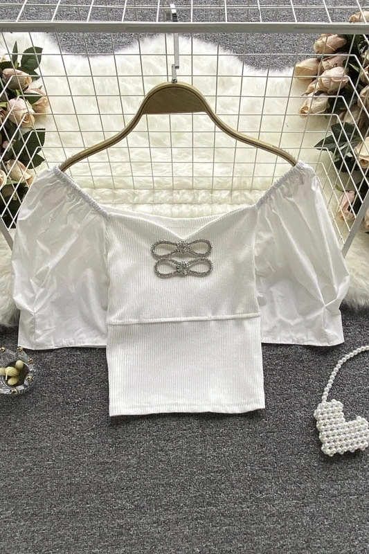 

Short-sleeved T-shirt women's summer dress 2021 new college style Joker age-reducing bubble sleeves slim short blouse women