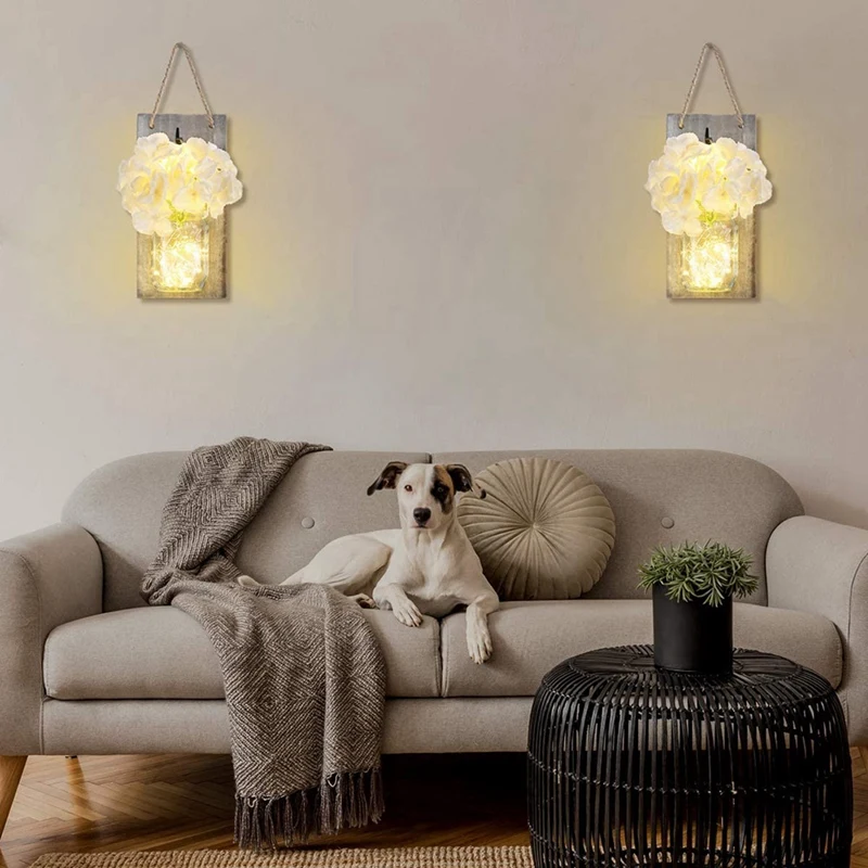 

Decorative Mason Jar Wall Decor - Rustic Wall Sconces with LED Fairy Lights and Flowers for Bathroom Decor Home