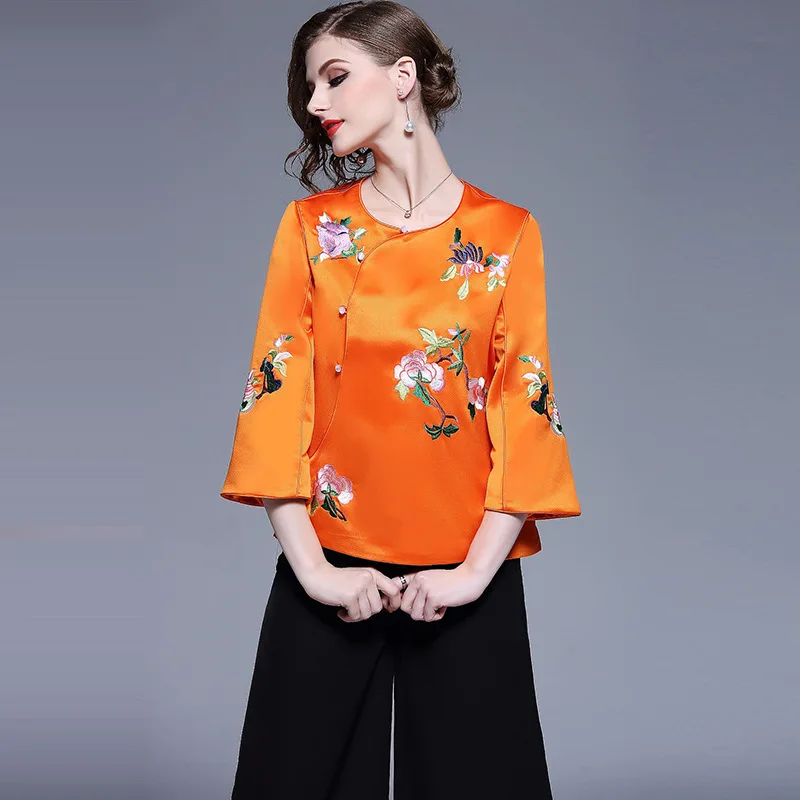 

Рано Весенняя Новинка китайской династии Тан Круглый воротник Короткие Топ с вышивкой Женские Повседневный улучшенного качества cheongsam Топ