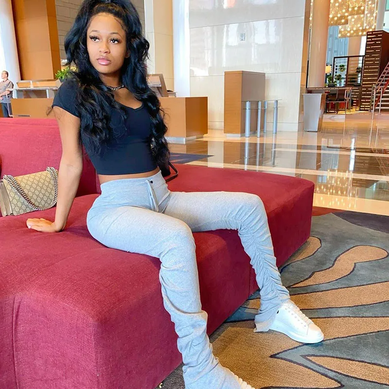 

Женские брюки с высокой талией, Эластичные Обтягивающие Брюки с рюшами на подоле, уличная одежда, 2020