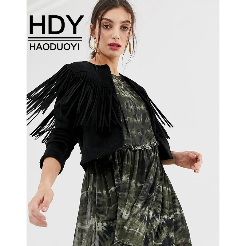HDY Haoduoyi, Женский Повседневный Кардиган, длинный рукав, в стиле панк, с кисточками, однотонный, тонкий, облегающий Топ, открытая строчка, Имитация замши, куртка