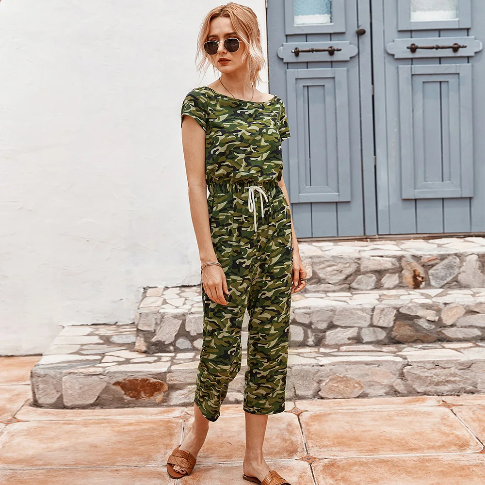 

Summer 2021 Short Sleeve Jumpsuit Women Sport Drawstring Sweatpants High Waist Wide Leg Siamese Trousers Camouflage Cargo Pants