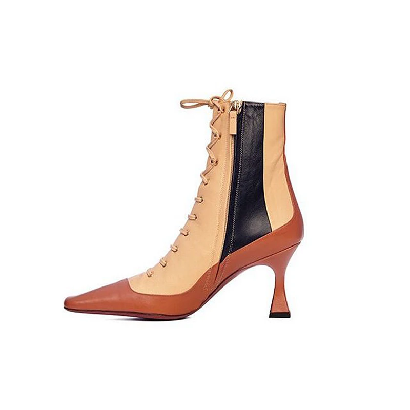 Модные женские ботинки с квадратным носком лоскутные ботильоны на шнуровке и