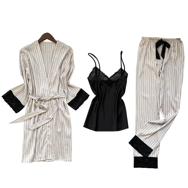 

3pcs Pajamas Set Women Spring Summer Long Sleeve Sleepwear Nightwear Sexy Lace V-Neck Kimono Bathrobe Gown Silky Satin Home Wear