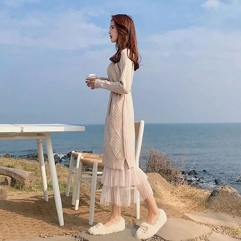 Платье-Свитер Timis Li с высоким воротником женское кружевное вязаное длинное