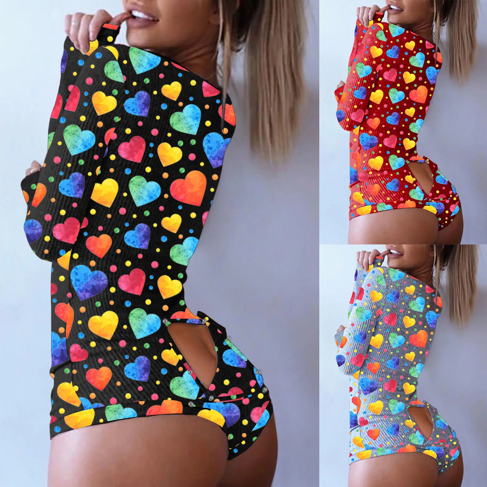 

Women Button-down Colorfully Heart Print Functional Button Flap Playsuit Romper Onesies Sleepwear Open Button Bodysuit Jumpsuit