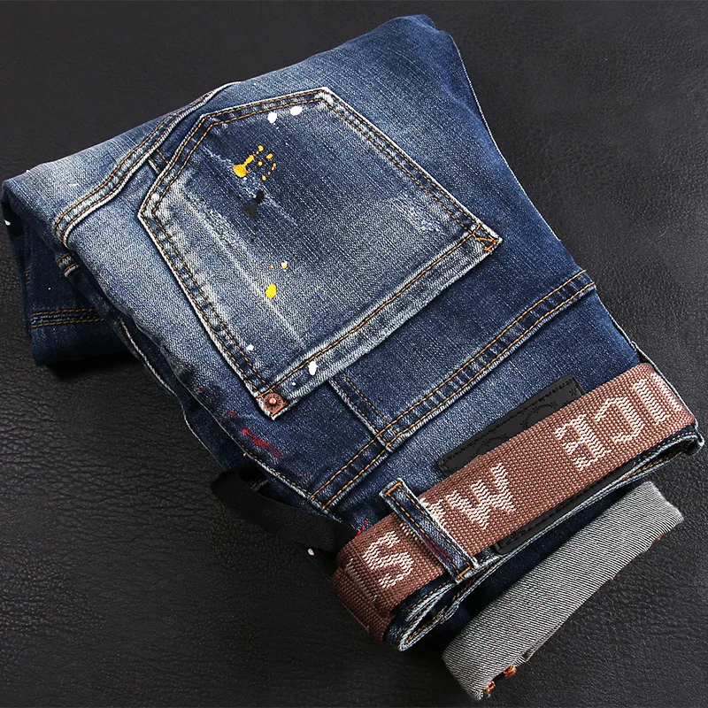 European American Fashion Men Jeans Retro Blue Elastic Slim Fit Ripped Jeans Men Street Splashed Painted Designer Hip Hop Pants