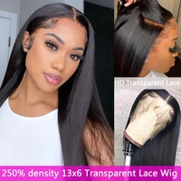 250 density 13x6 hd transparent lace frontal human hair wig for black women pre plucked straight hd lace front wig