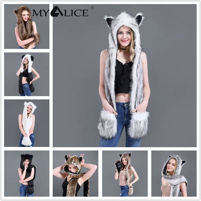 

MYALICE Winter Women Hat scarf and gloves all-in-one Artificial Fur Comfortable Cute Keep warm Gift Plus Velvet Wholesale