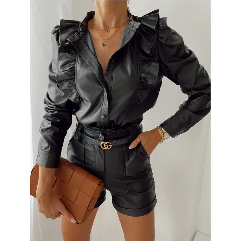 

Осенняя женская черная рубашка из искусственной кожи с оборками, модная деловая женская блузка на пуговицах с отворотами и длинным рукавом