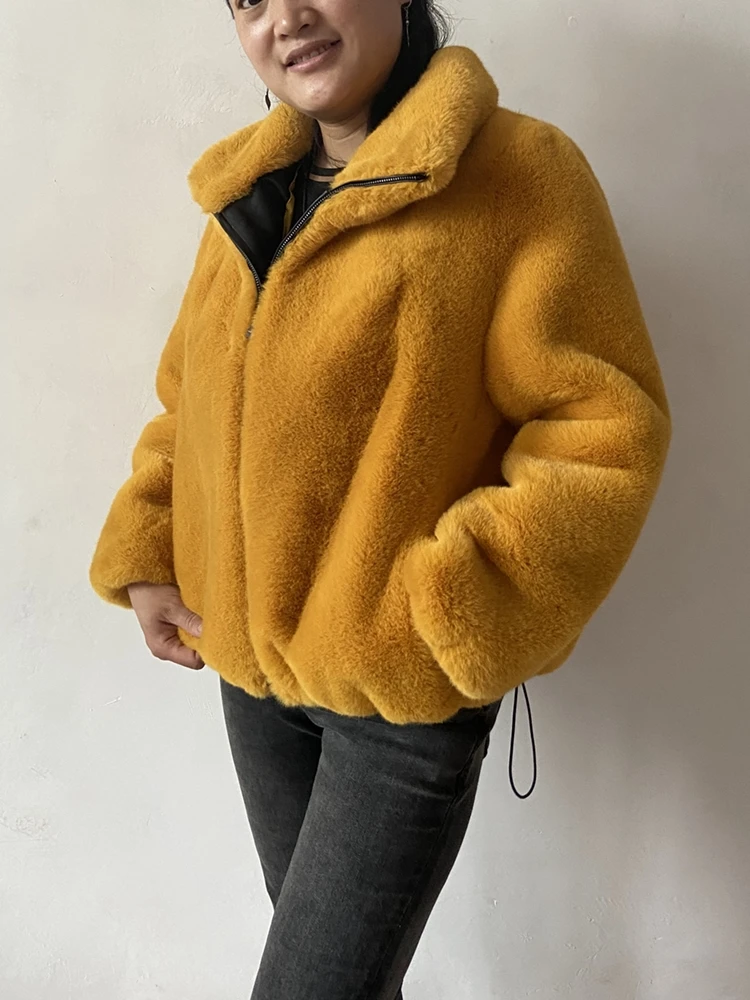 

Fashion fluffy big collar Faux Fur Imitated Mink Coat Female Thicker warm zipper with drawstring