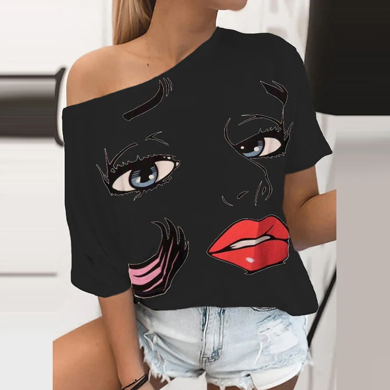 Женская футболка с круглым вырезом летняя принтом в виде губ сексуальная