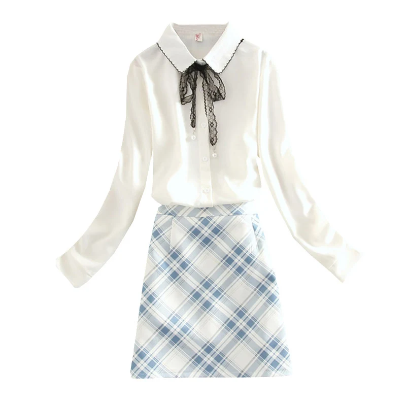 

2020 summer new women skirts sets bow neck white shirts and plaid skirts lady elegant skirt suits top quality