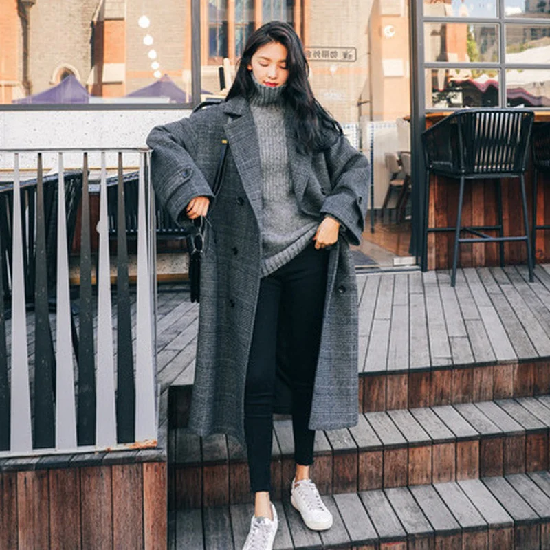 Женское длинное шерстяное пальто в клетку простое двубортное свободное нежное