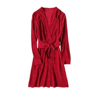 dress women 100 silk printed shell v neck long sleeves sashes high quality casual style red dresses ladies new fashion