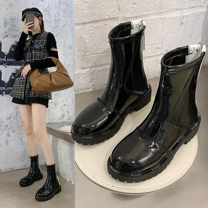 

2021 Women Ankle Boots Round Toe Pu Leather All Match Square High Heel Fashion Winter Shoes Women Boots Fashion Boots
