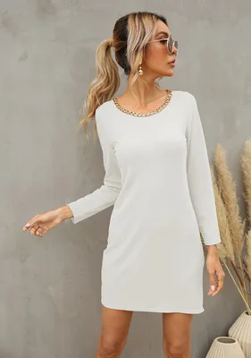 

Spring And Autumn New Women's Solid Color Splicing Round Neck Chain Long Sleeve Fashion Slim Lady Mini Dress