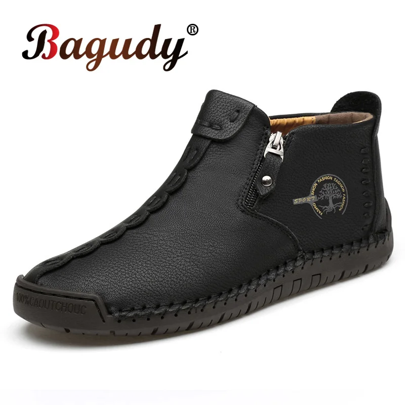 

Fashion Quality Leather Boot Men Winter Snow Plush Ankle Boots For Men's Warm black Boots Ankle Work Shoes Outdoor Casual Shoes