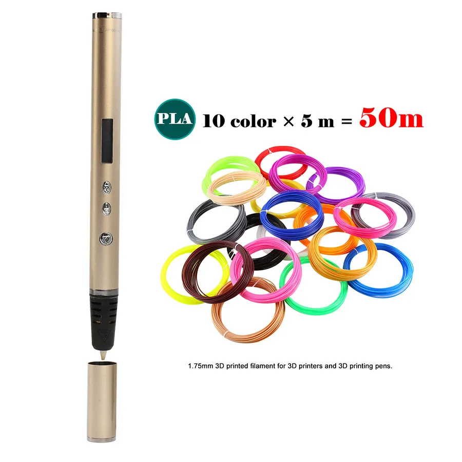 Gold-50M PLA Новая горячая RP900A 3D Ручка Самая тонкая DIY 3D печать Ручка в мире креативная игрушка подарок рождественские подарки для детей - Цвет: Gold-50M PLA