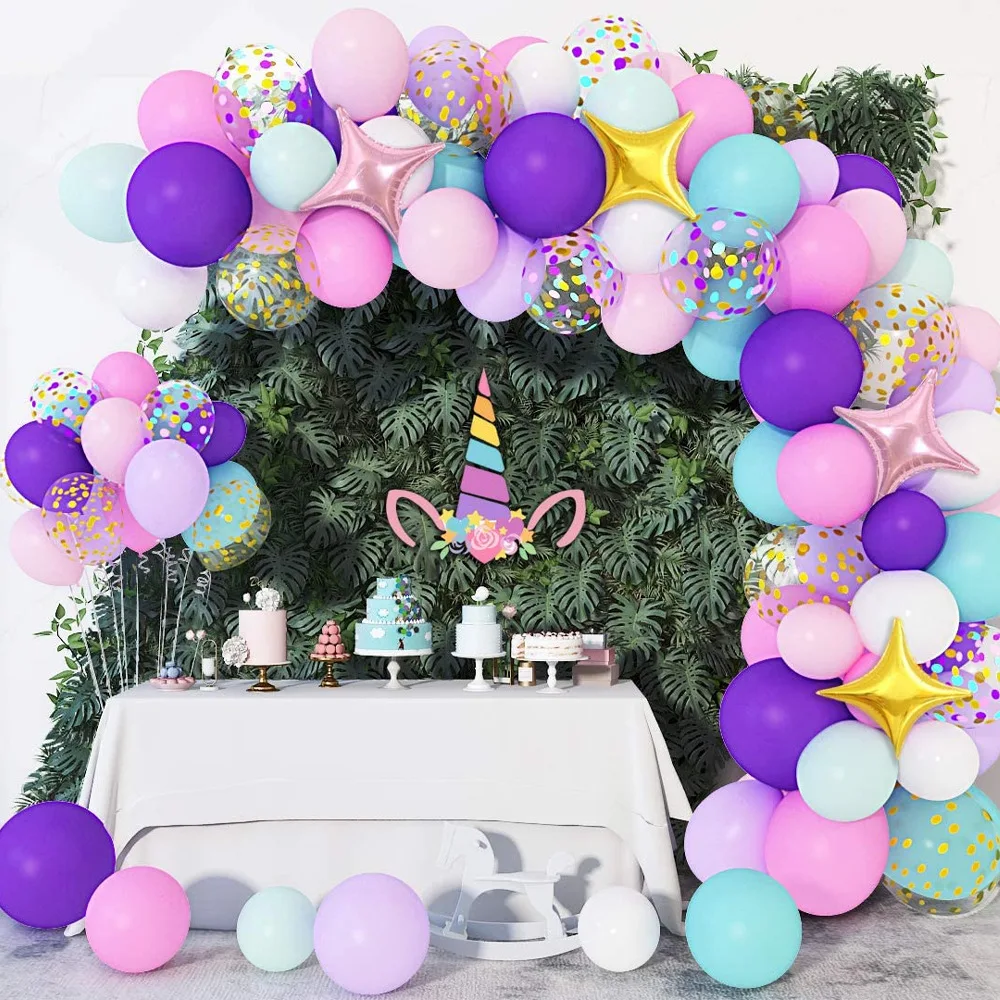 

134pcs/lot rainbow Macaron Balloons Arch pink purple Balloons Garland Kit Gold Confetti blue Latex Balloons Wedding Baby Shower