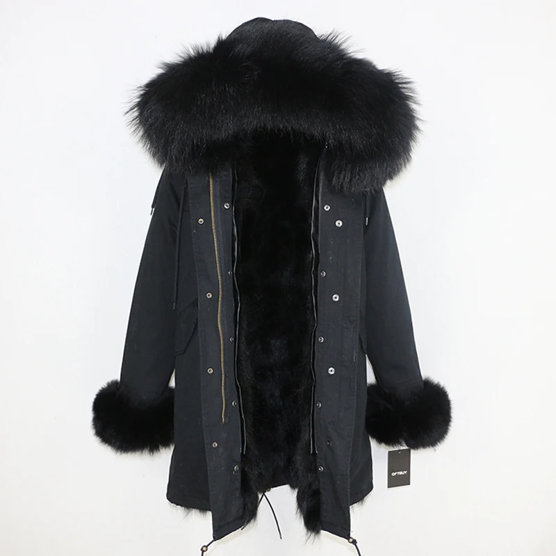 full black DX Женская парка на натуральном меху OFTBUY, черное пальто с натуральным лисьим мехом, с капюшоном с отделкой из меха енота, толстая теплая уличная одежда, зима - Цвет: full black DX