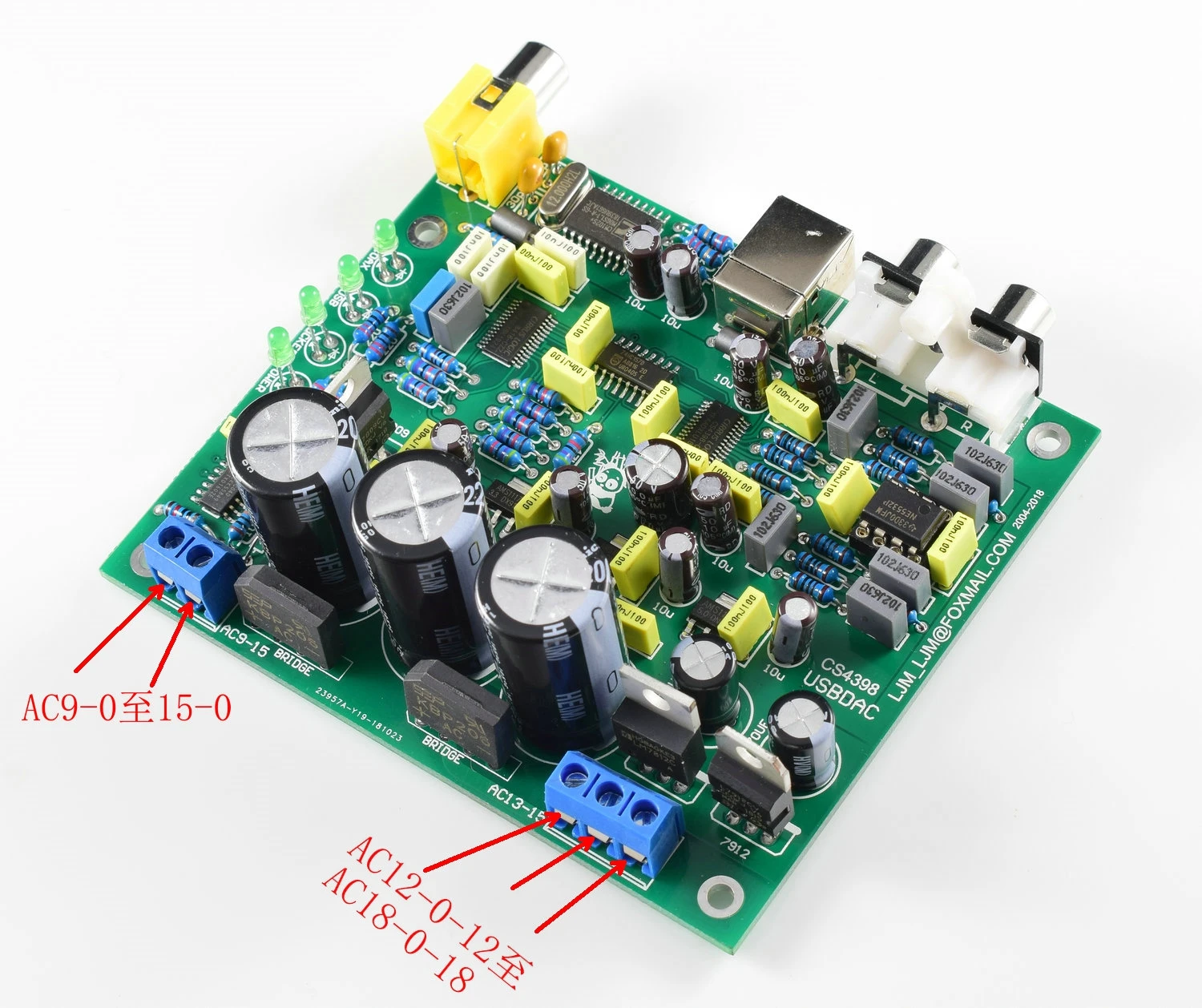 CS4398 плата ЦАП с USB-оптоволоконным декодером 24/192K AC15V 32K-192K/24BIT готовая - купить по