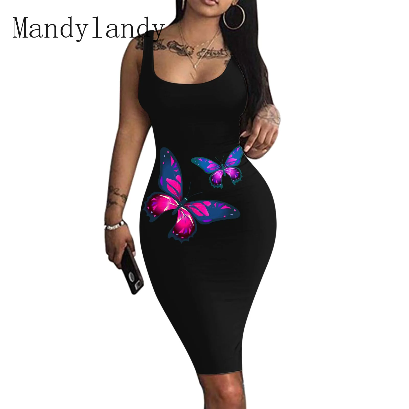 

Mandylandy Dress Women's Casual Butterfly Print Slim Dress Summer Sexy O-Neck Sleeveless High Waist Spaghetti Strap Dress