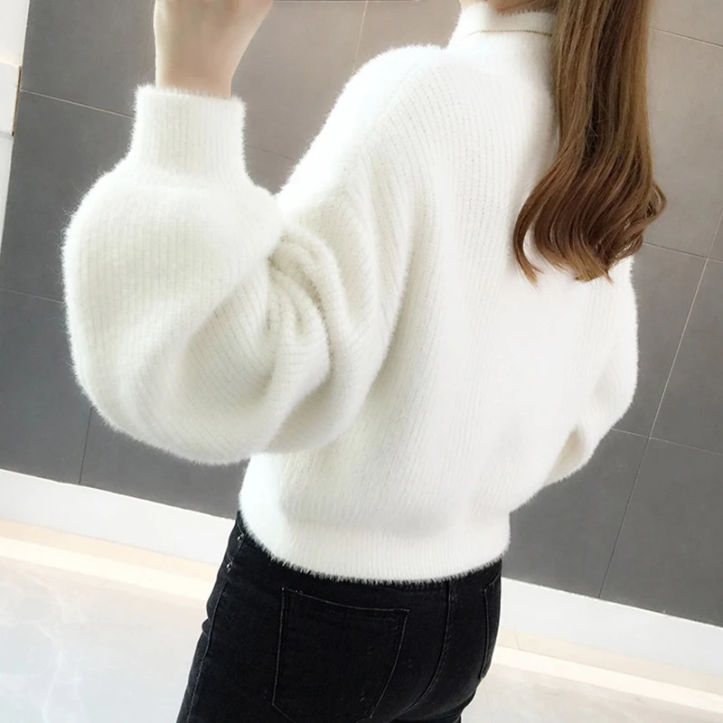 Короткий свитер с высоким воротом бархатный пуловер кашемировый для женщин