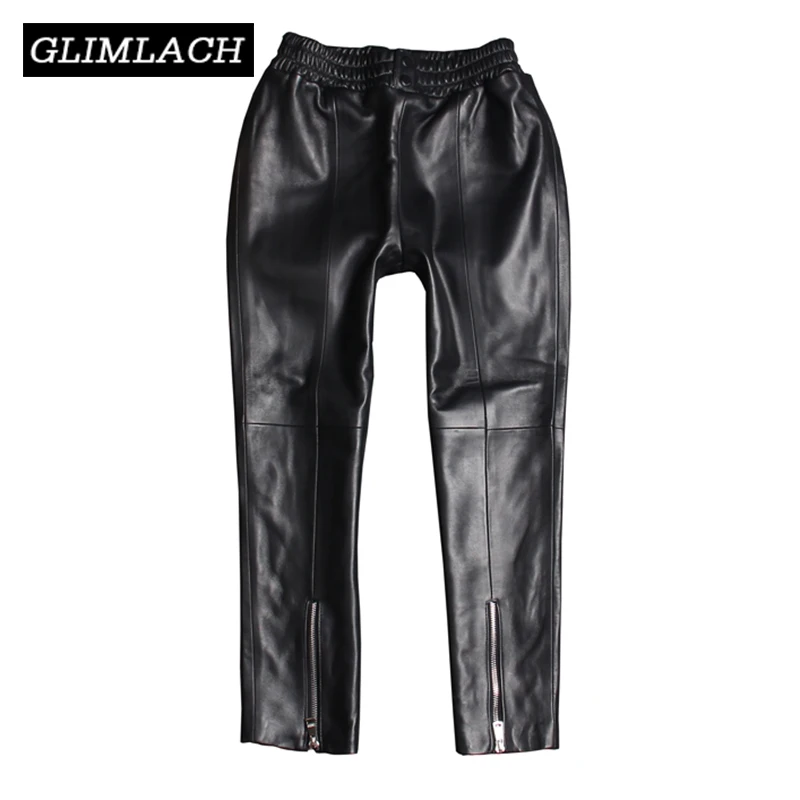 Real Leather Harem Pants Women Elastic Waist Slim 100% Lambskin Genuine Leather Trousers Female Zippers Pencil Pants Streetwear