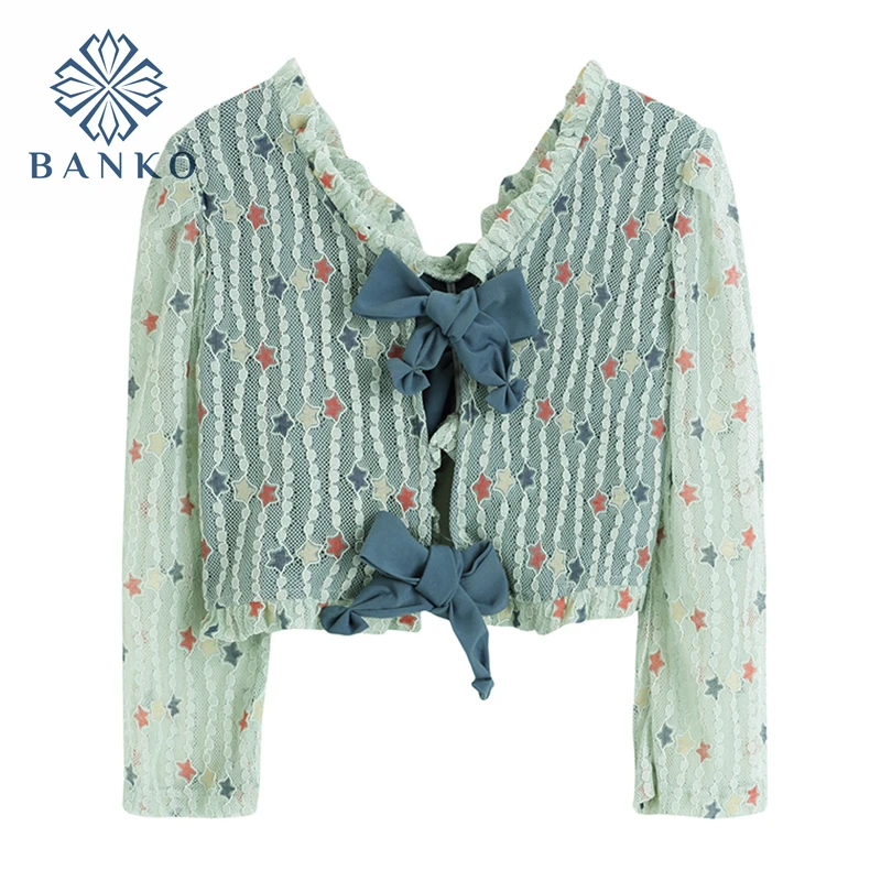 Укороченные блузки в стиле преппи с V образным вырезом Женская однобортная