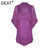 deat 2021 fashion stand collar high waist half lantern sleeve street loose solid short summer dress women 7e755