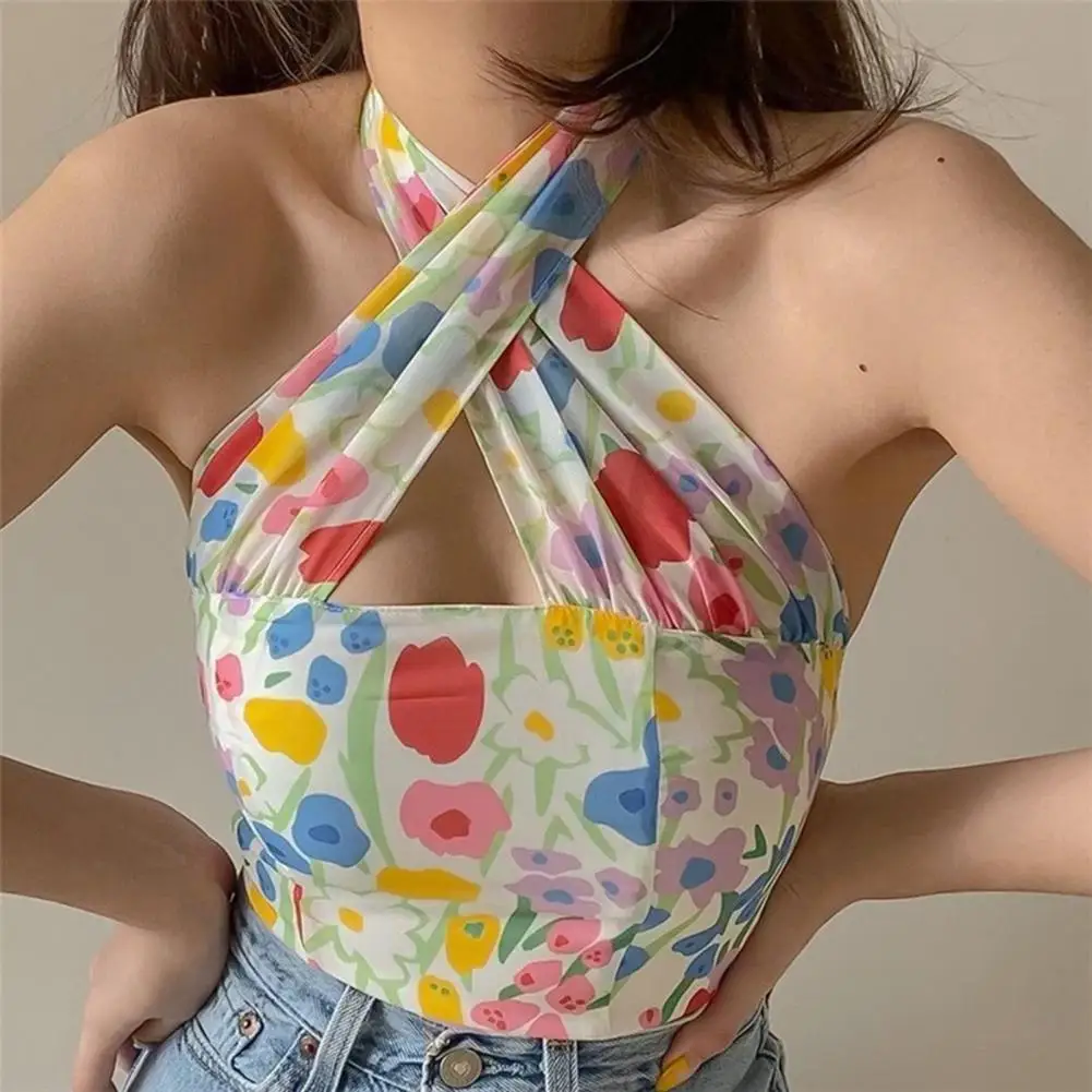 

Hot Sales!!! Tanks Tops Floral Print Skin-friendly Casual Women Halter Neck Crop Top for Holiday