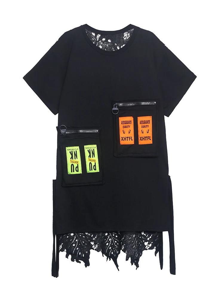 

XUXI 2021 Summer Women Dress Mid-length Personality Contrast Pocket Stitching Lace Over The Knee Skirt E1368