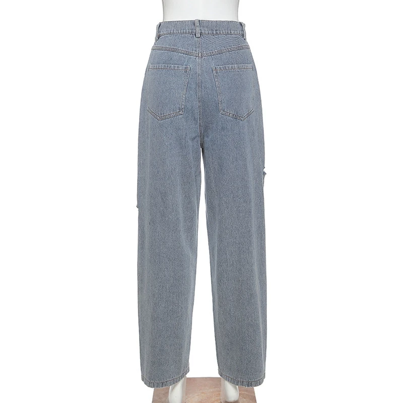 

Hip Hop Style High-Waist Wide Leg Pants Vintage Loose Hole Blue Jeans Fashion Streetwear Denim Pants